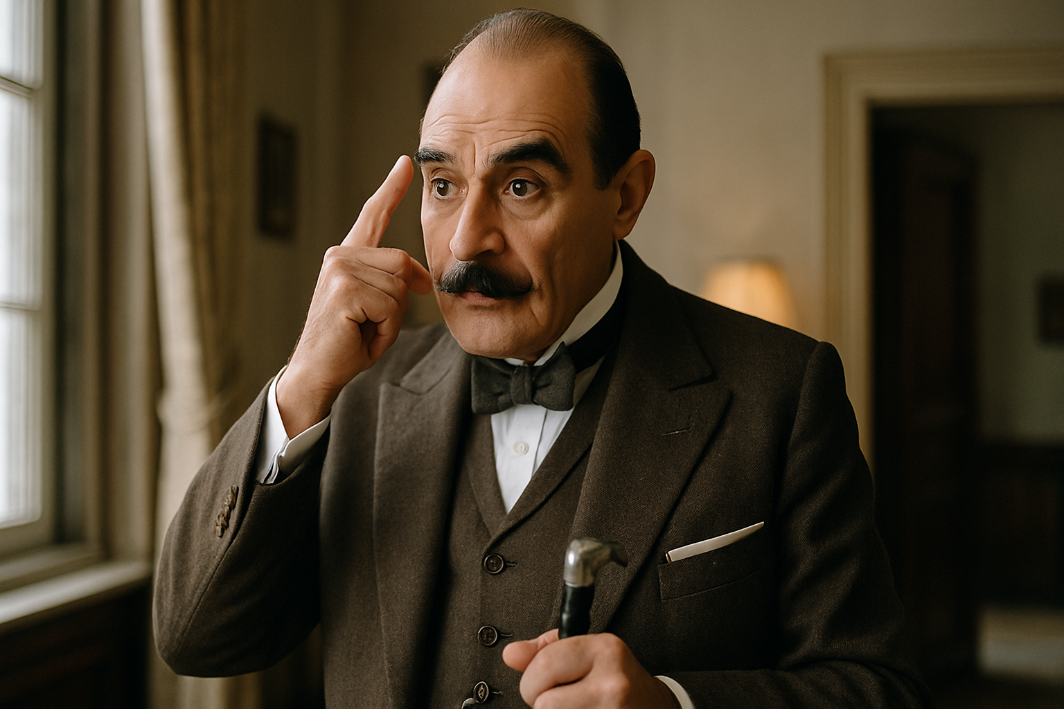 David Suchet as Hercule Poirot in a classic detective scene
