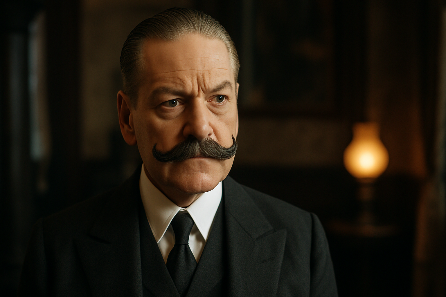 Kenneth Branagh as Hercule Poirot with signature mustache in a period detective film scene